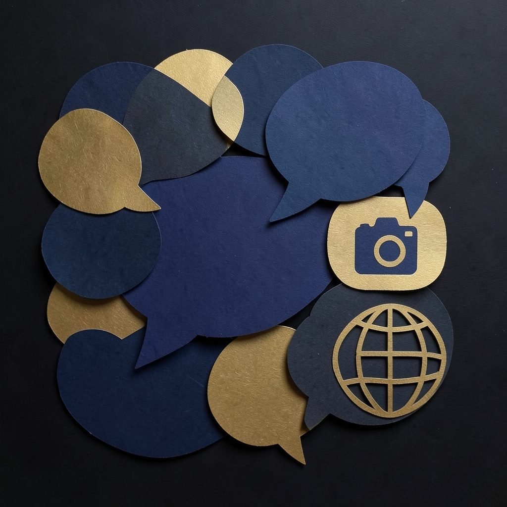 A layered paper cut-out collage of overlapping speech bubbles, camera icons, and globe shapes in deep navy blue, gold, and charcoal tones against a dark background