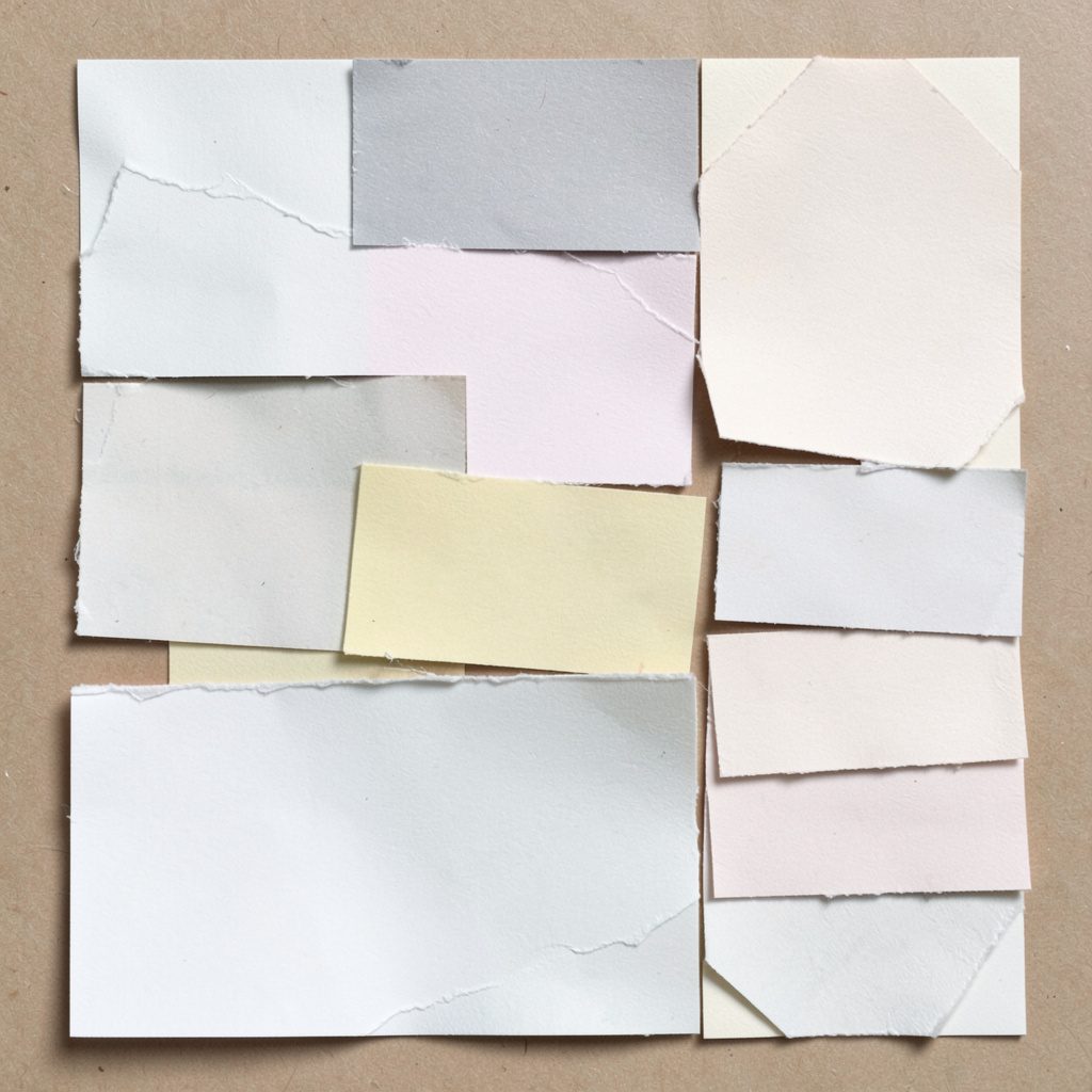 Layered paper cut-out collage in gold and navy depicting small boxes and tags representing products for sale